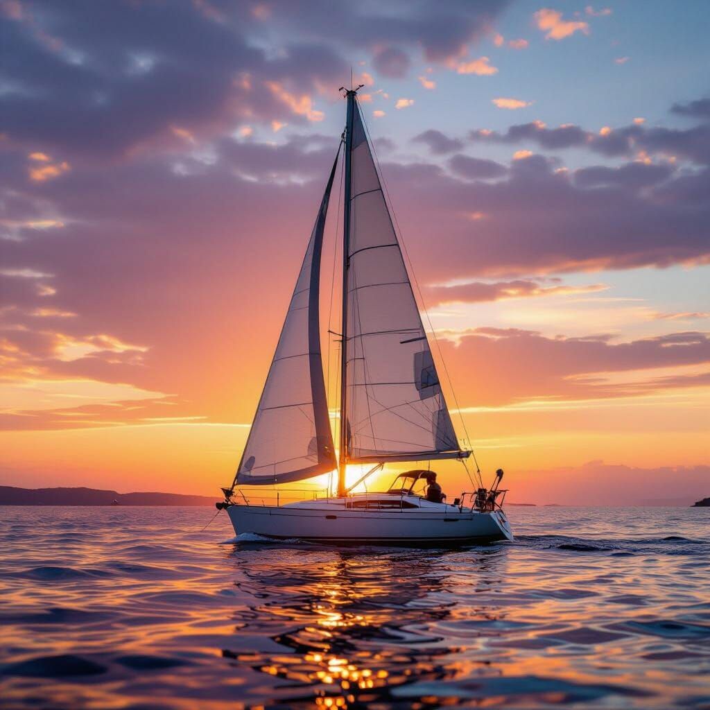 Majestic Sailboat Sailing into Golden Hour Sunset