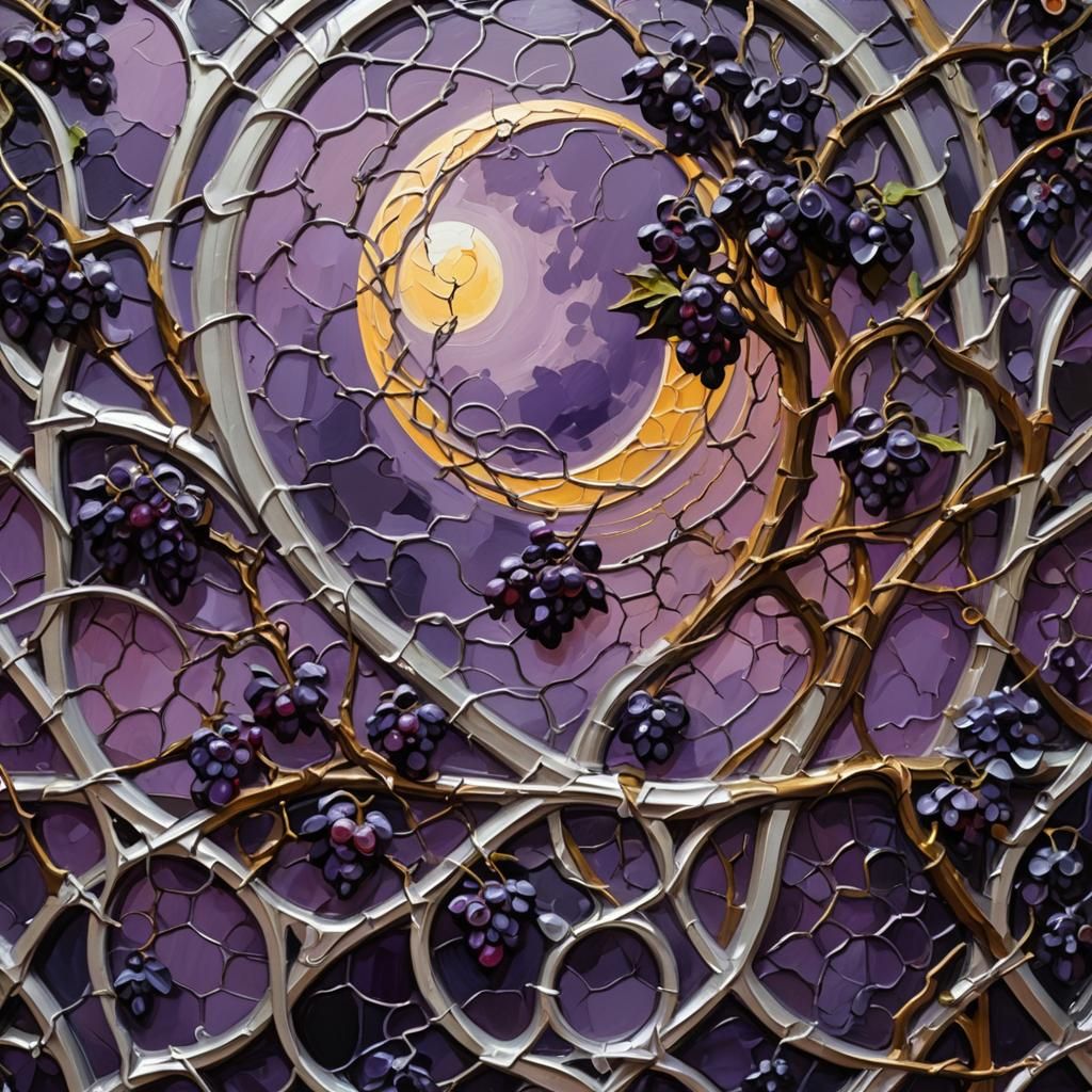 Purple Moon Over Silver Lattice: Impasto Oil Painting