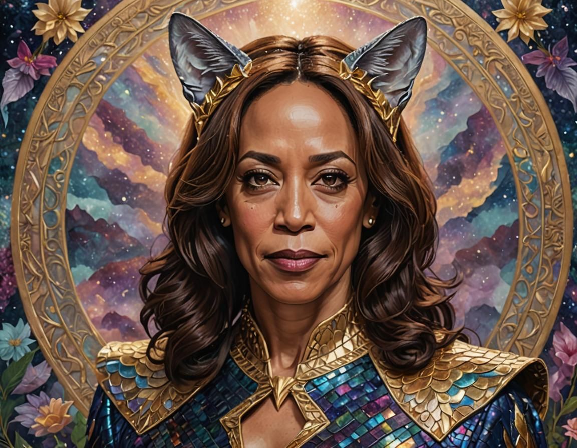 Mystical Super Woman with Cat Ears in Pre-Raphaelite Style