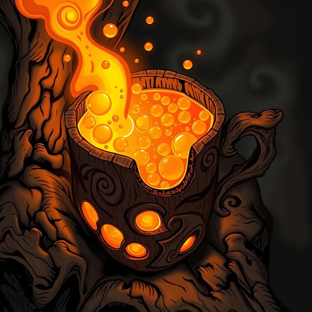 Burnt orange and gold bubbles, contained in a cup made of ba...