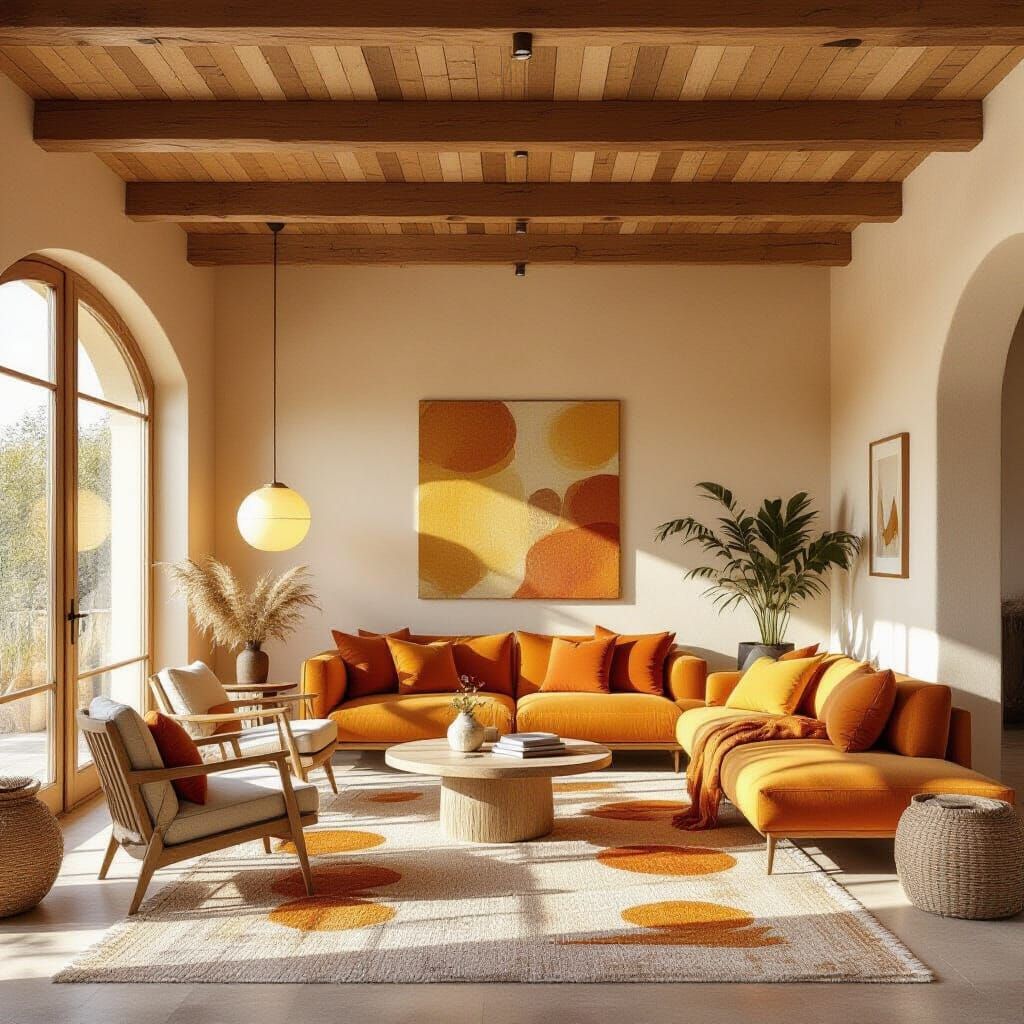 Cozy Living Room with Wooden Beams and Solar Rug