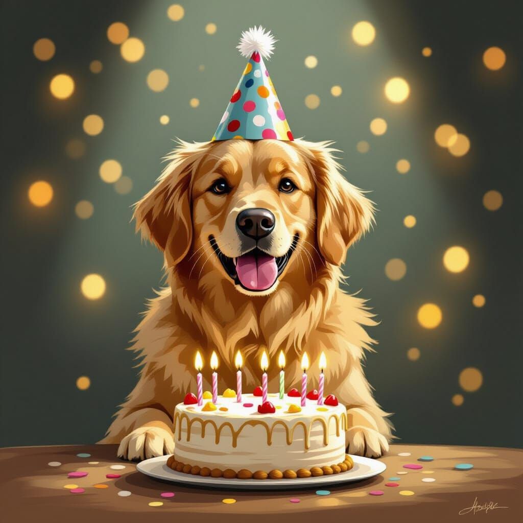 Golden Retriever Celebrates Birthday With Cake and Bokeh Lig...