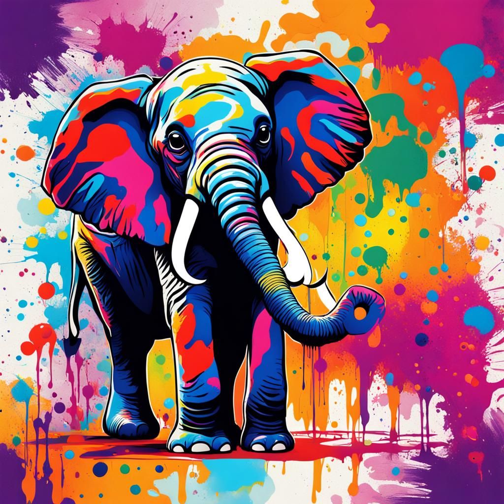 Vibrant Splash Paint Baby Elephant Abstract Art
