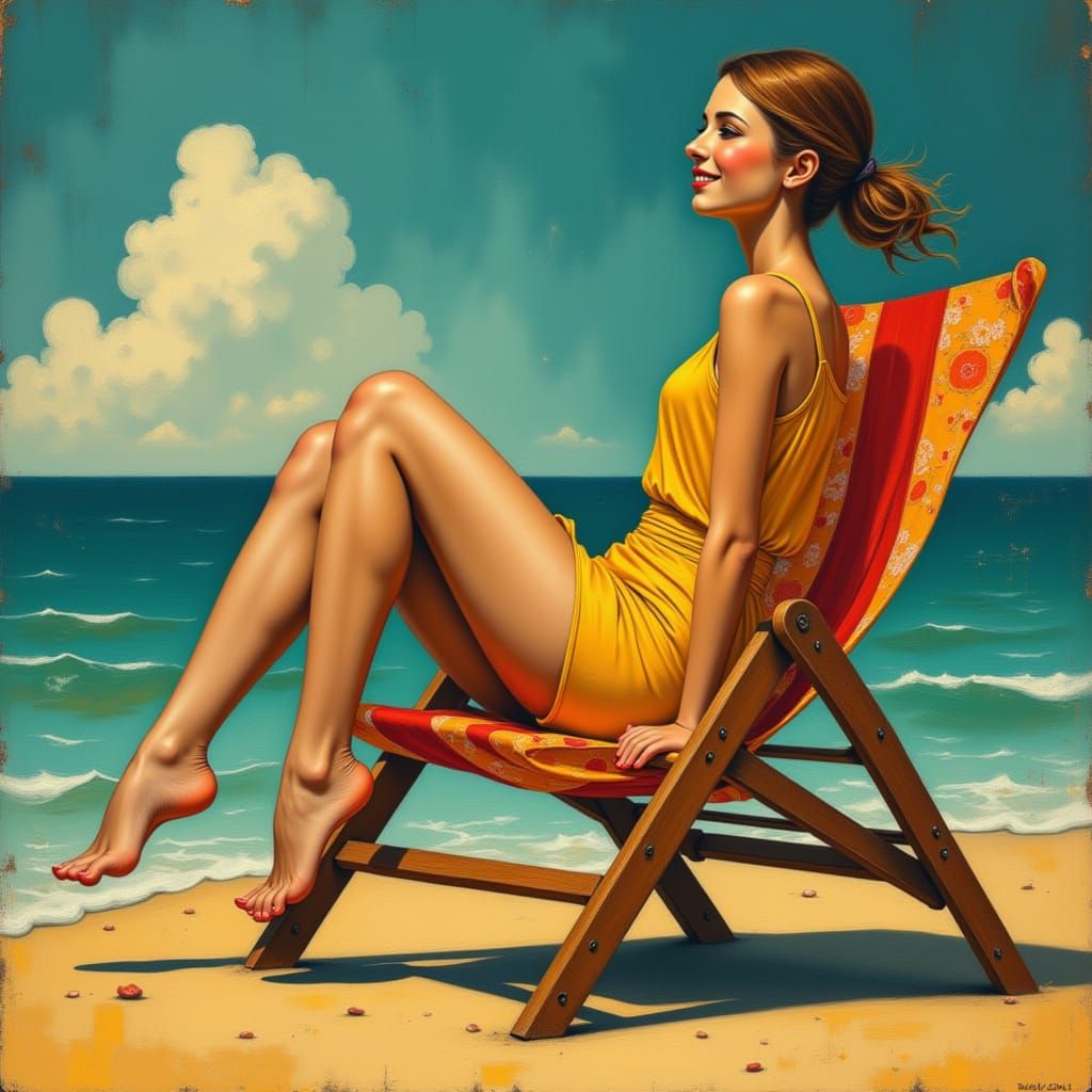 Cute Girl in Deckchair: Impressionist Painting