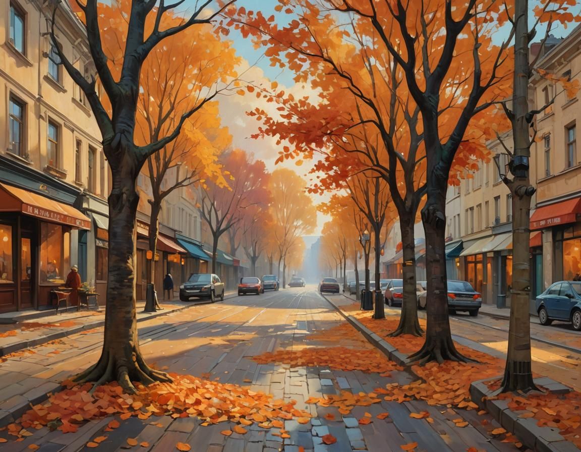 Autumnal Town Street in Impressionist Style