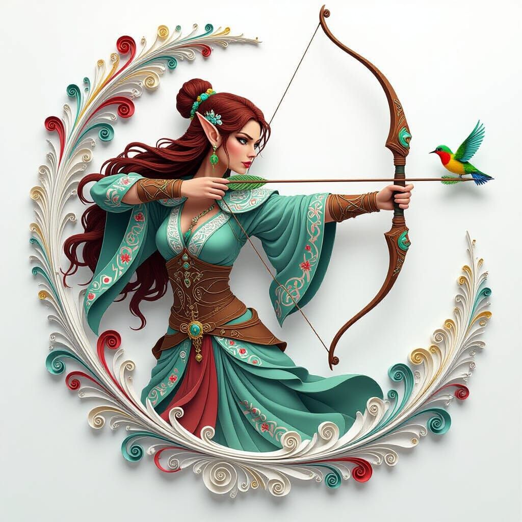 Elven Goddess Archer in Fractal Zentangle Style