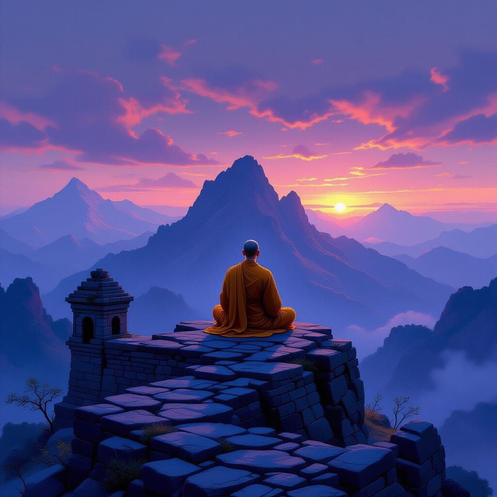 Monk Meditating on Mountain Peak in Twilight