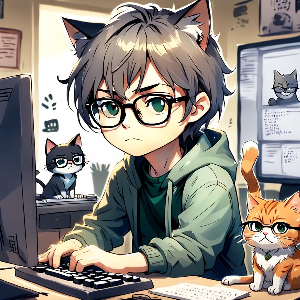 Writer with Cat in Mixed Media Portrait