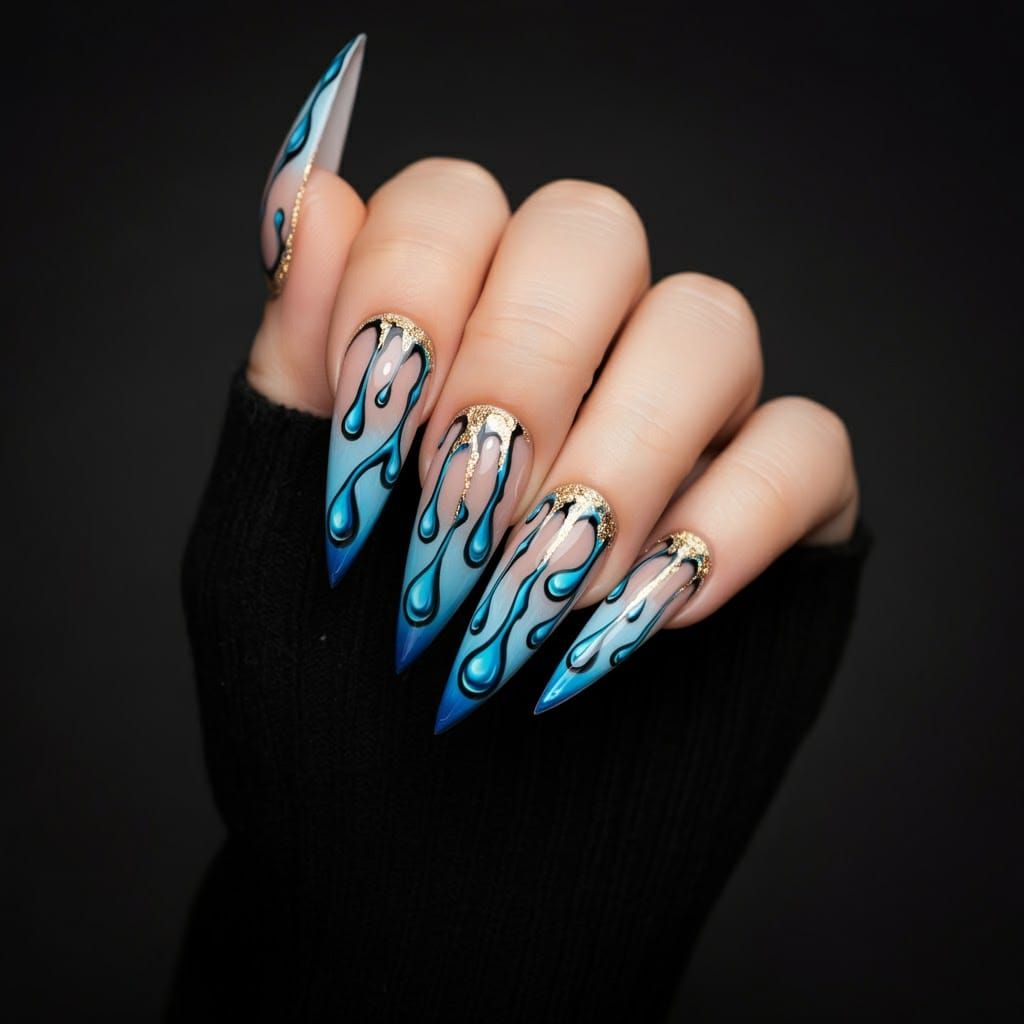 Electric Blue Dripping Lava Nail Art Design