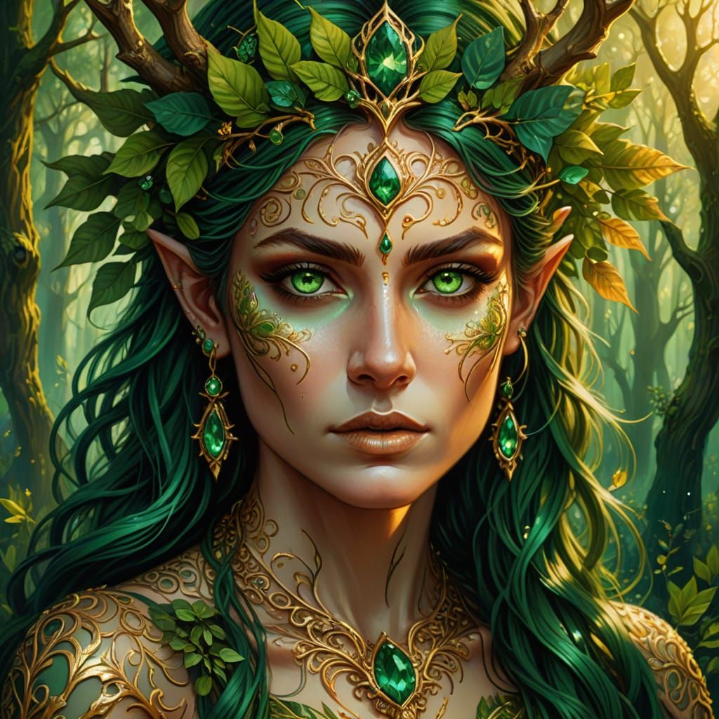 Emerald-Eyed Dryad Portrait in Mythic Fantasy Art