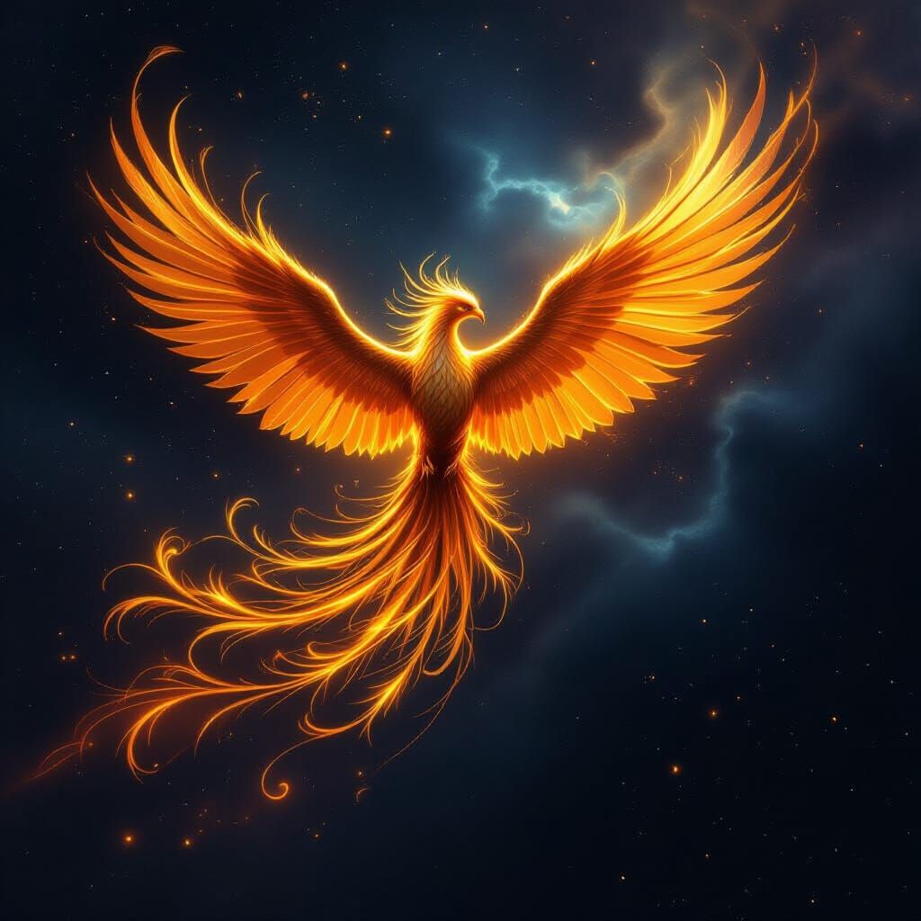 Molten Gold Phoenix Soaring Through Cosmic Nebula