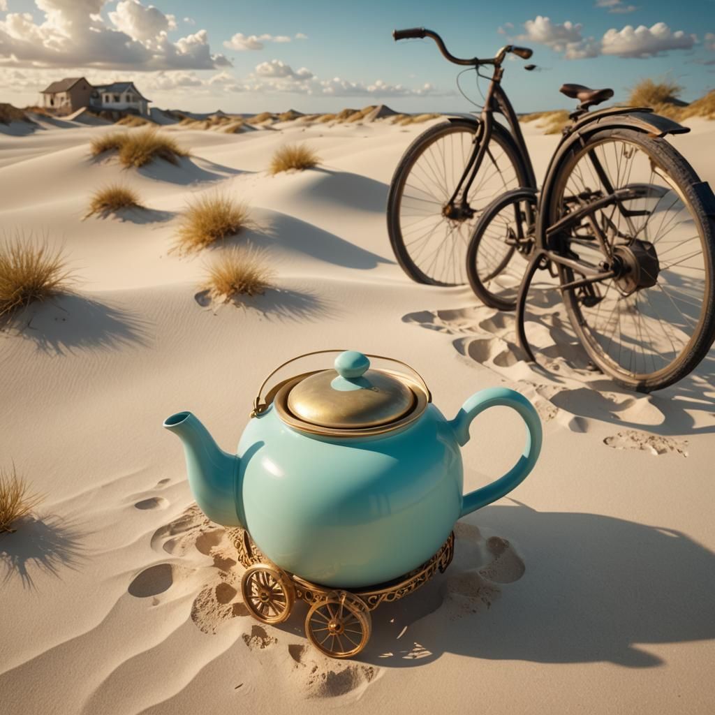 Mint Teapot Bicycle in White Wasteland: Digital Painting