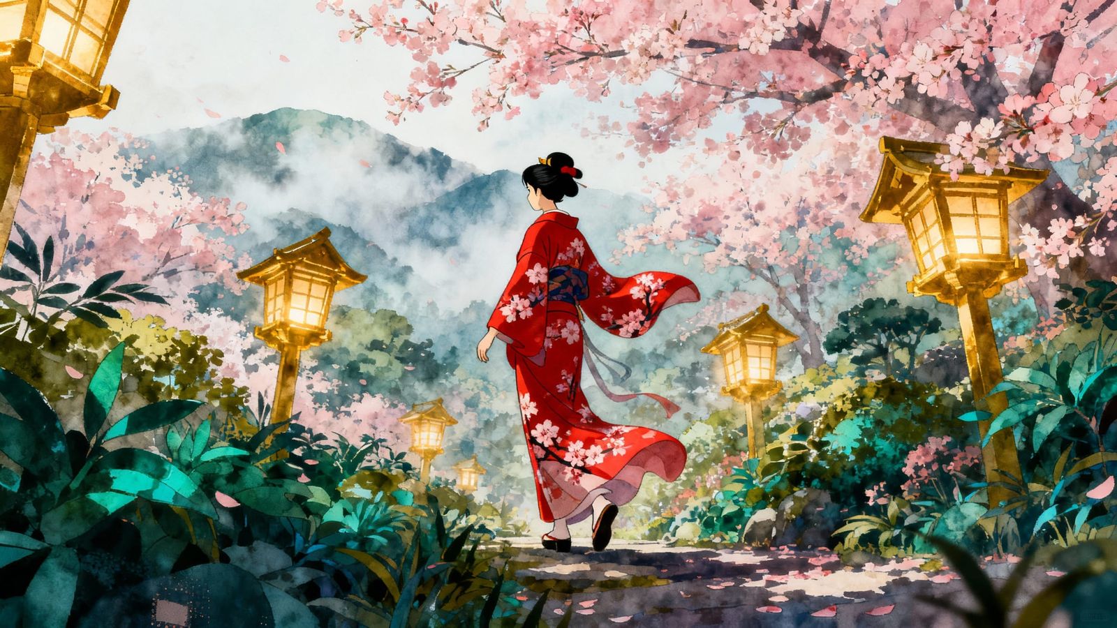 Serene Geisha in Japanese Garden with Glowing Lanterns