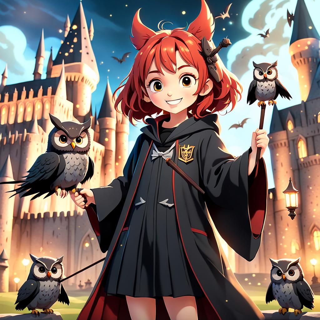 Smiling Anime Girl With Owls in 3D Ghibli Style