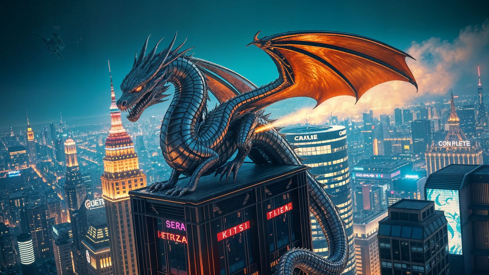 Cyberpunk Chrome Dragon Dominates Futuristic Cityscape