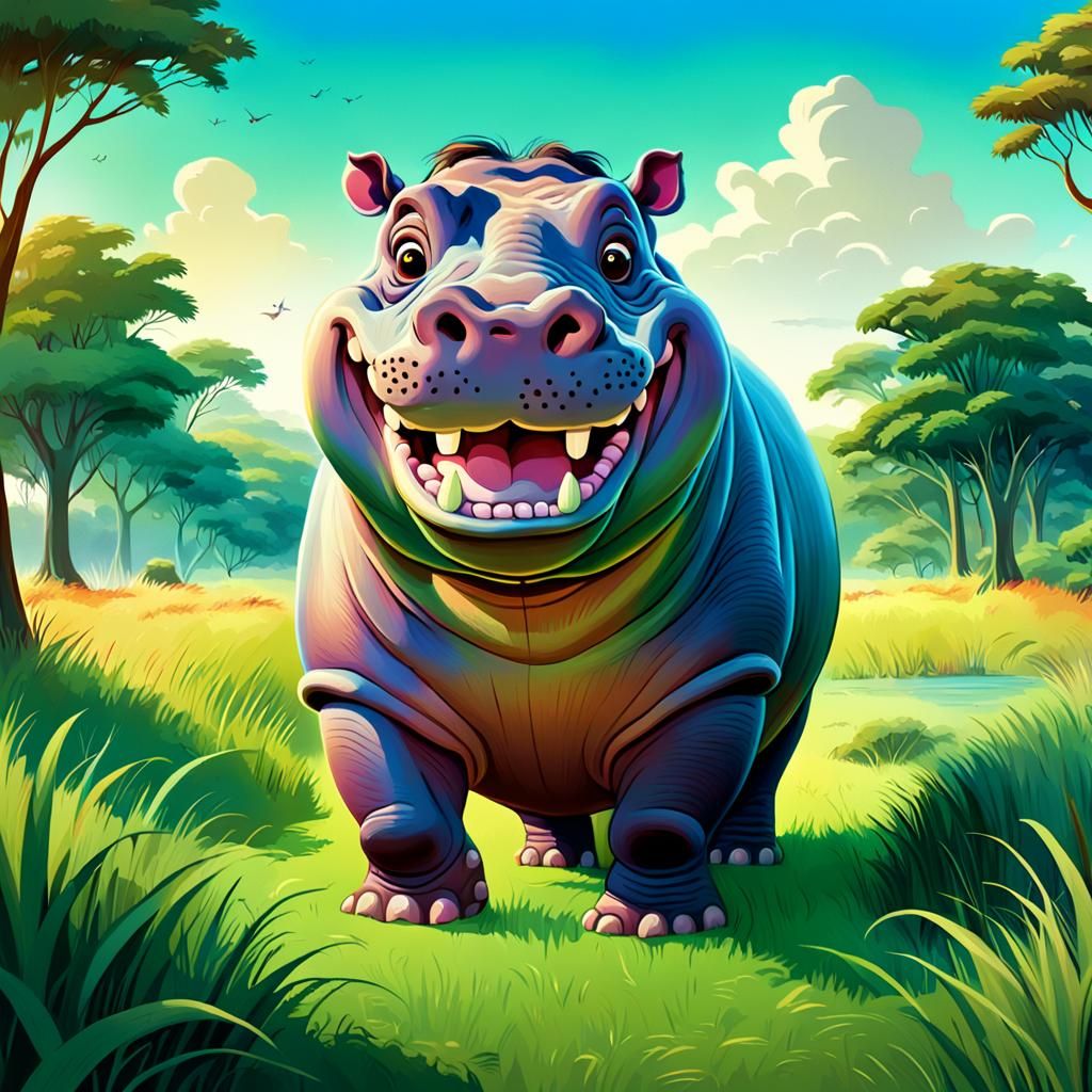 Whimsical Hippopotamus in a Sunny Savannah