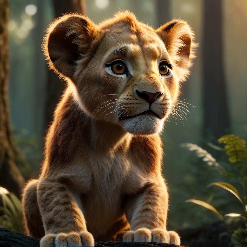Cute Baby Simba in Forest Sunset: Matte Painting