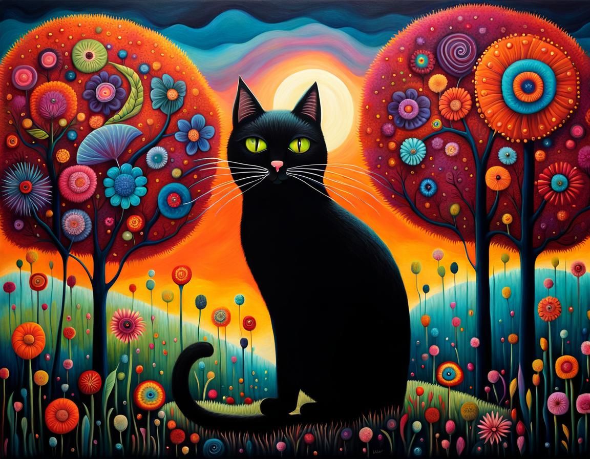 Whimsical Black Cat in Art Brut Style