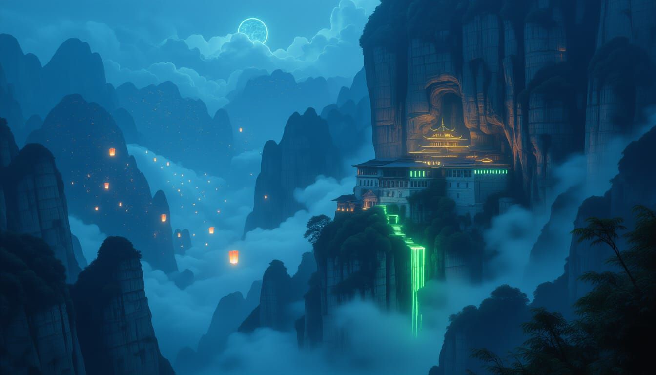 Monastery on Glowing Cliffs at Midnight