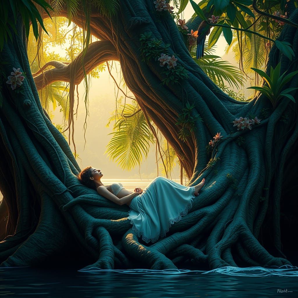 Tropical Goddess in a Majestic Tree Sanctuary