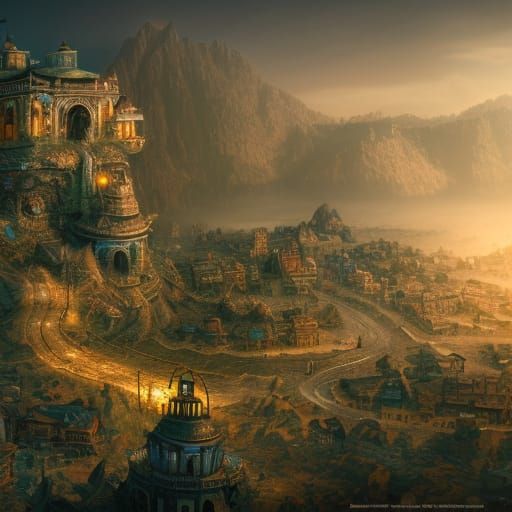 Fantastical Town Inside Earth Hole: Detailed Matte Painting