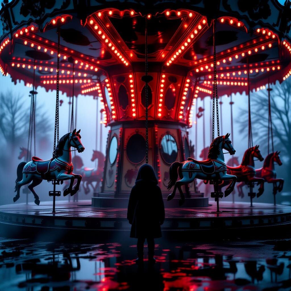 Ghostly Midnight Carousel with Shadow Child