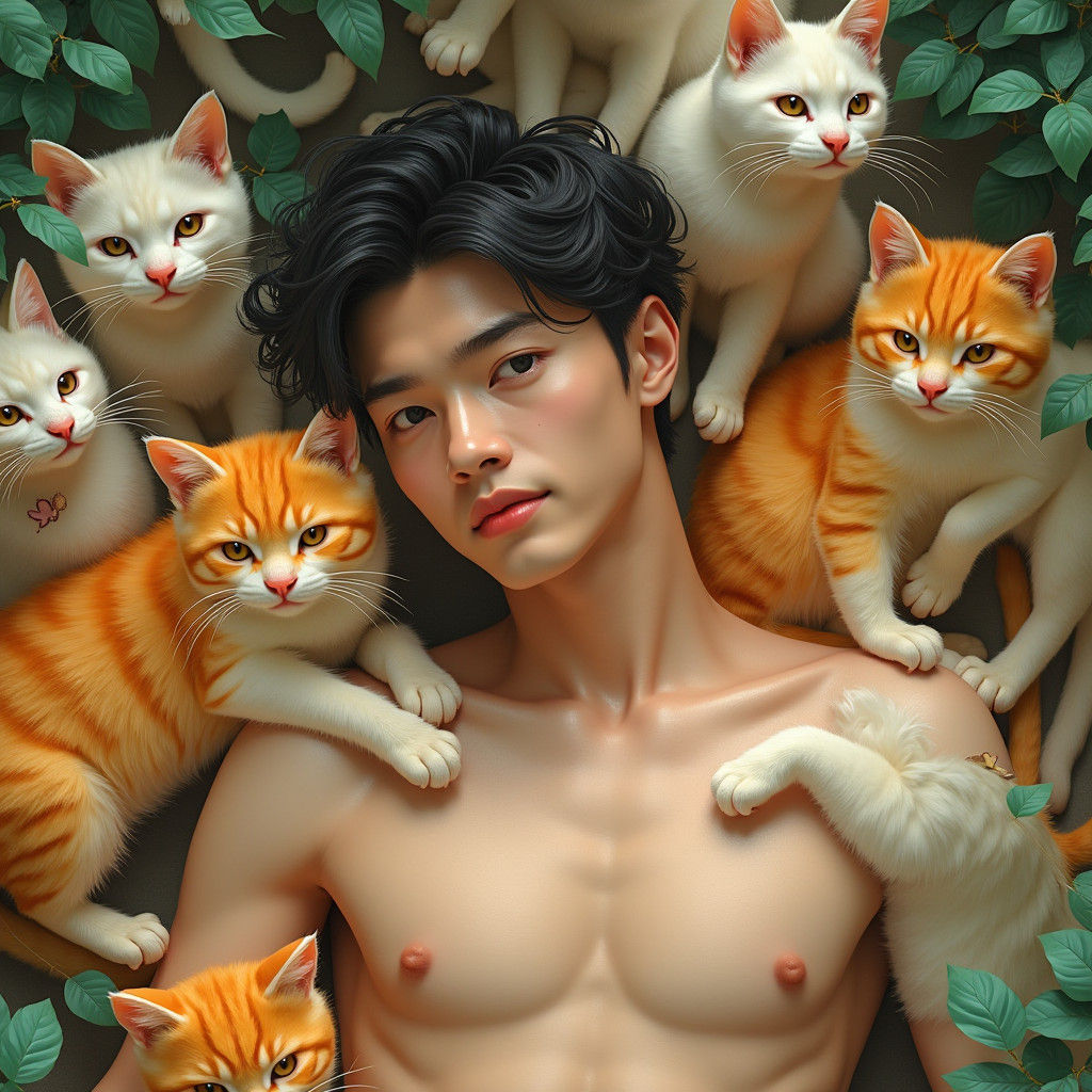 Man with Cats: Alphonse Mucha-Style Digital Art