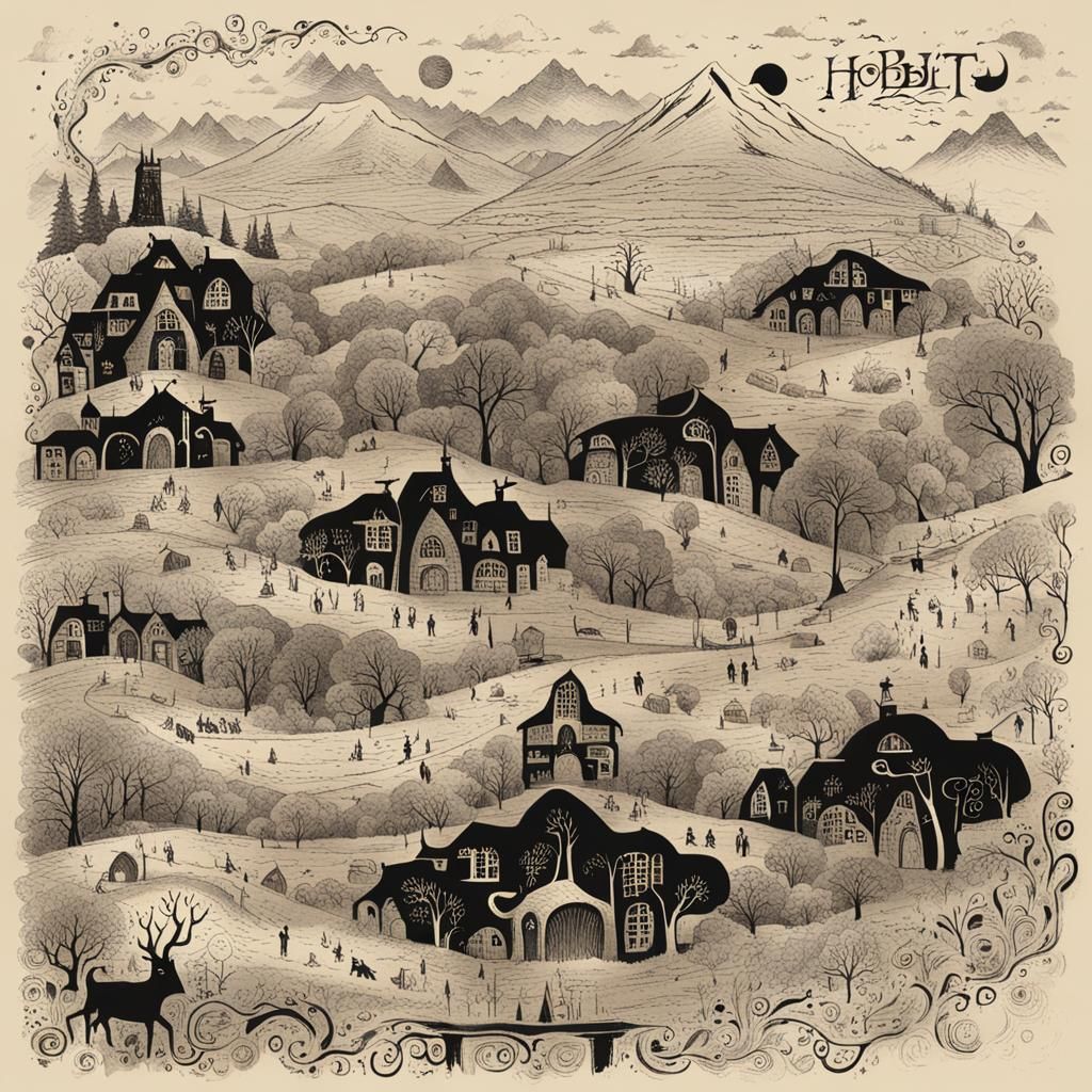 Whimsical Typographic Hobbit with Asemic Elements