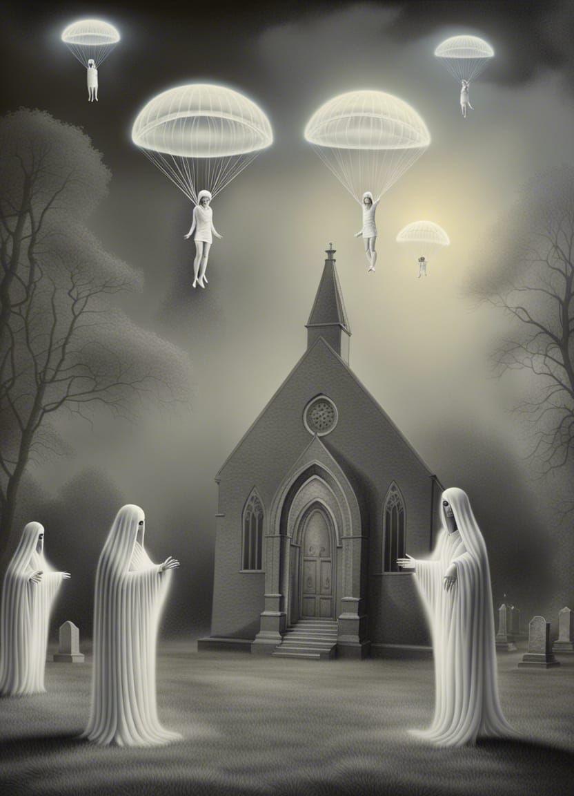 Luminous Ghosts Skydiving into Graveyard at Night