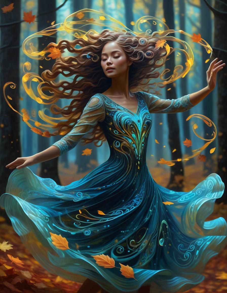 Bioluminescent Dancer in Autumn Forest, Oil Painting