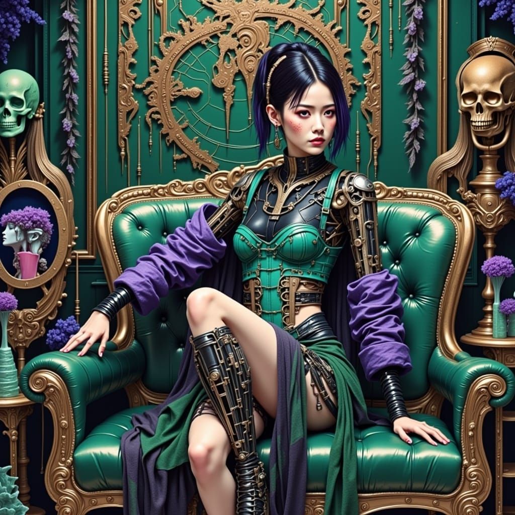 Cyberpunk Girl Lounging in Ornate Ossuary