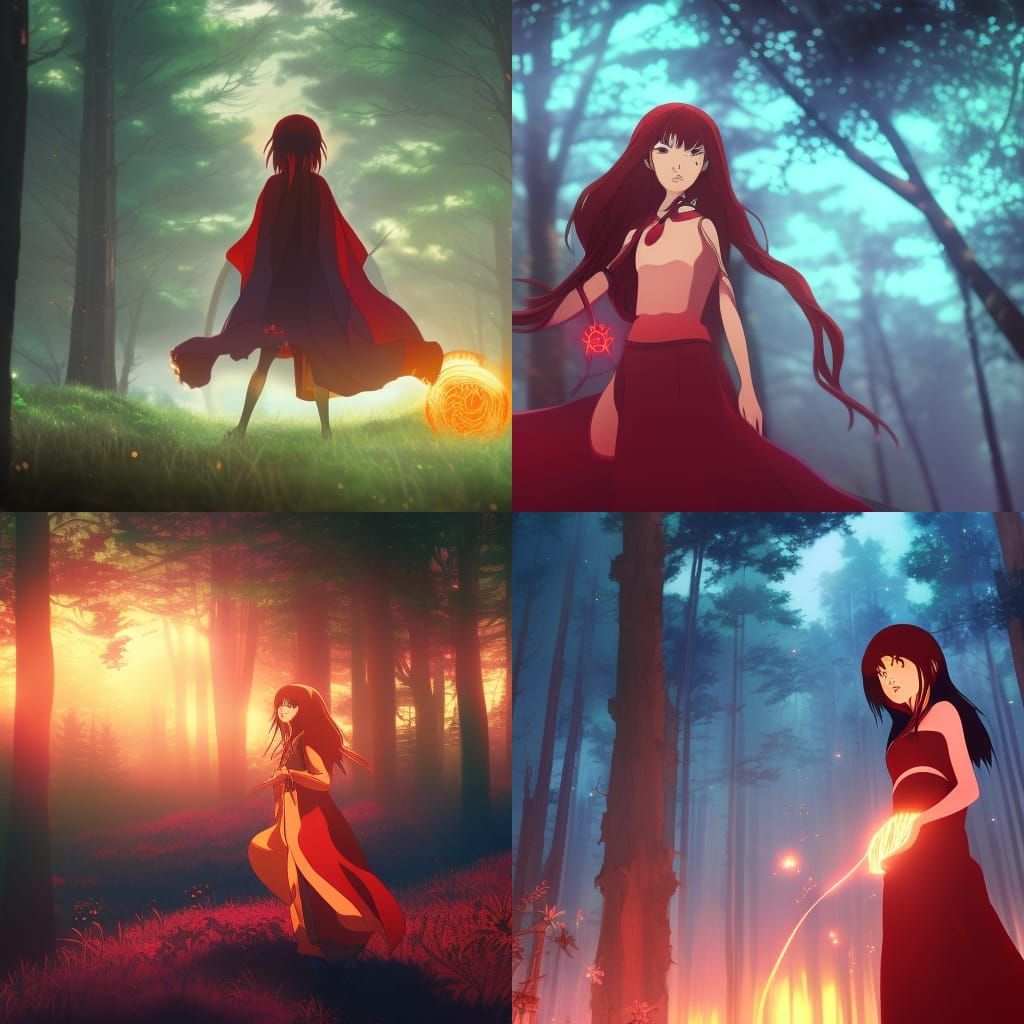 Glowing Red Witch Casting Magic: Studio Ghibli Style