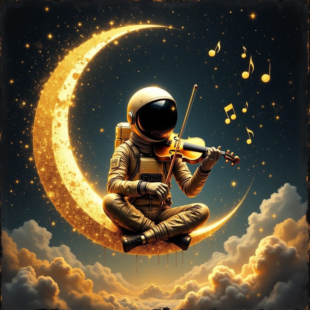 Ethereal Astronaut Serenades the Cosmos in Ancient Gold