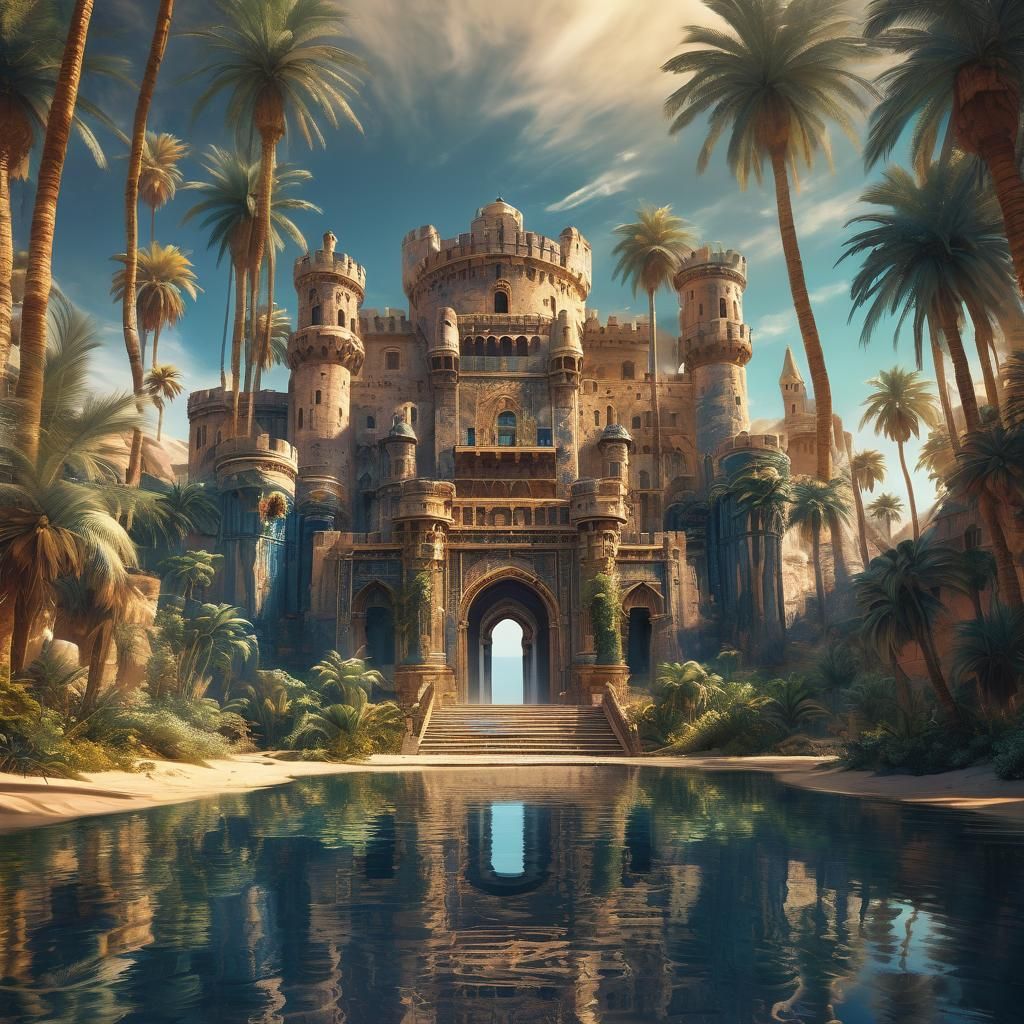 Majestic Desert Castle Oasis in Dreamlike Digital Painting