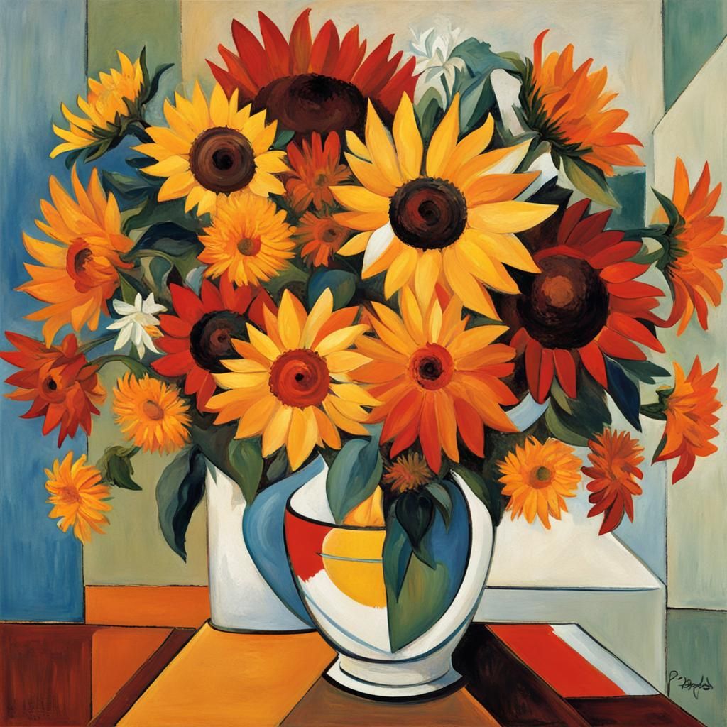 one vase filled with sunflowers, orange mums, red mums, whit...