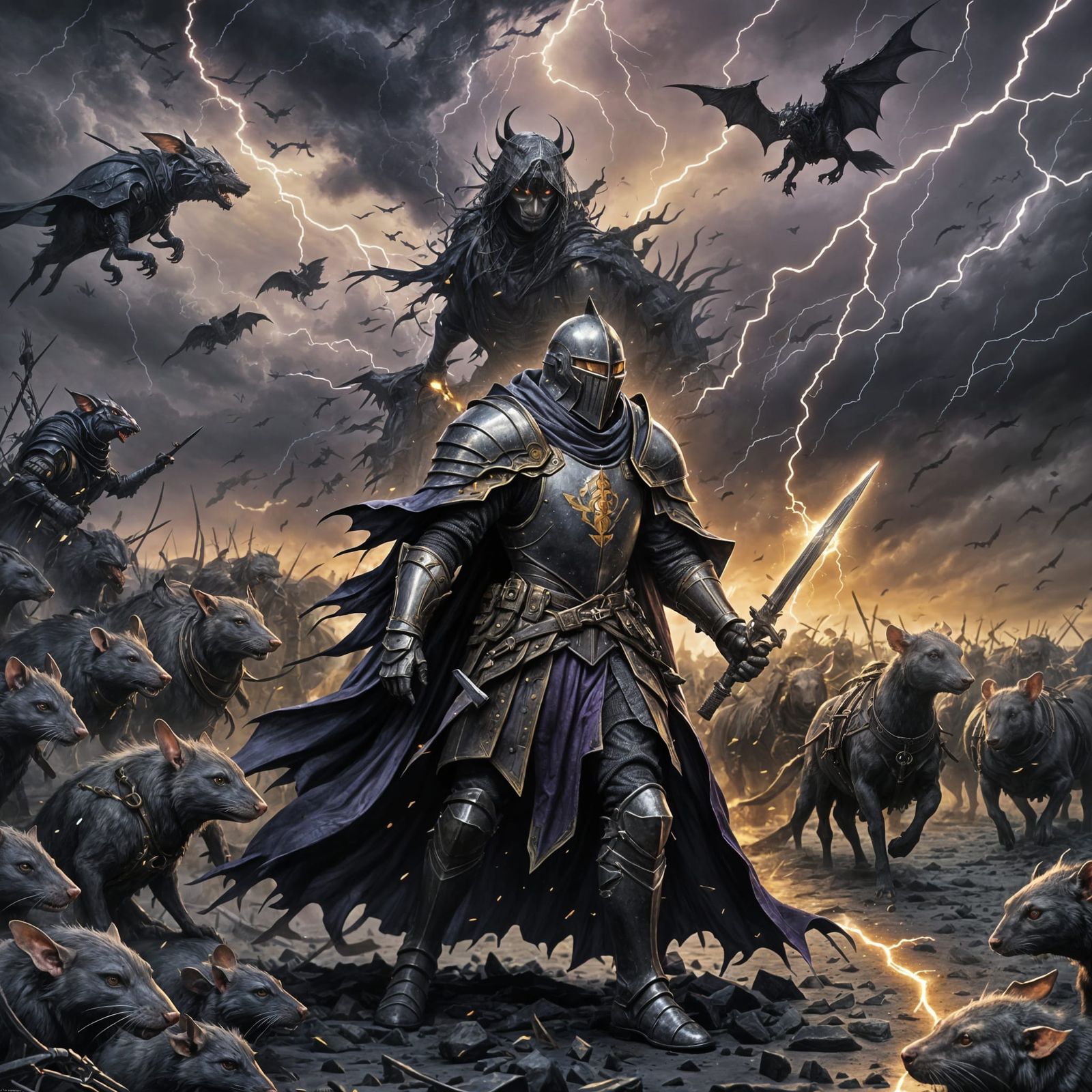 Dark Fantasy Knight Summons Rats in Wasteland
