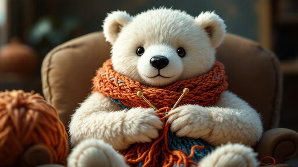 A highly detailed digital illustration of an anthropomorphic teddy-bear-like polar bear with soft, round proportions, sh...