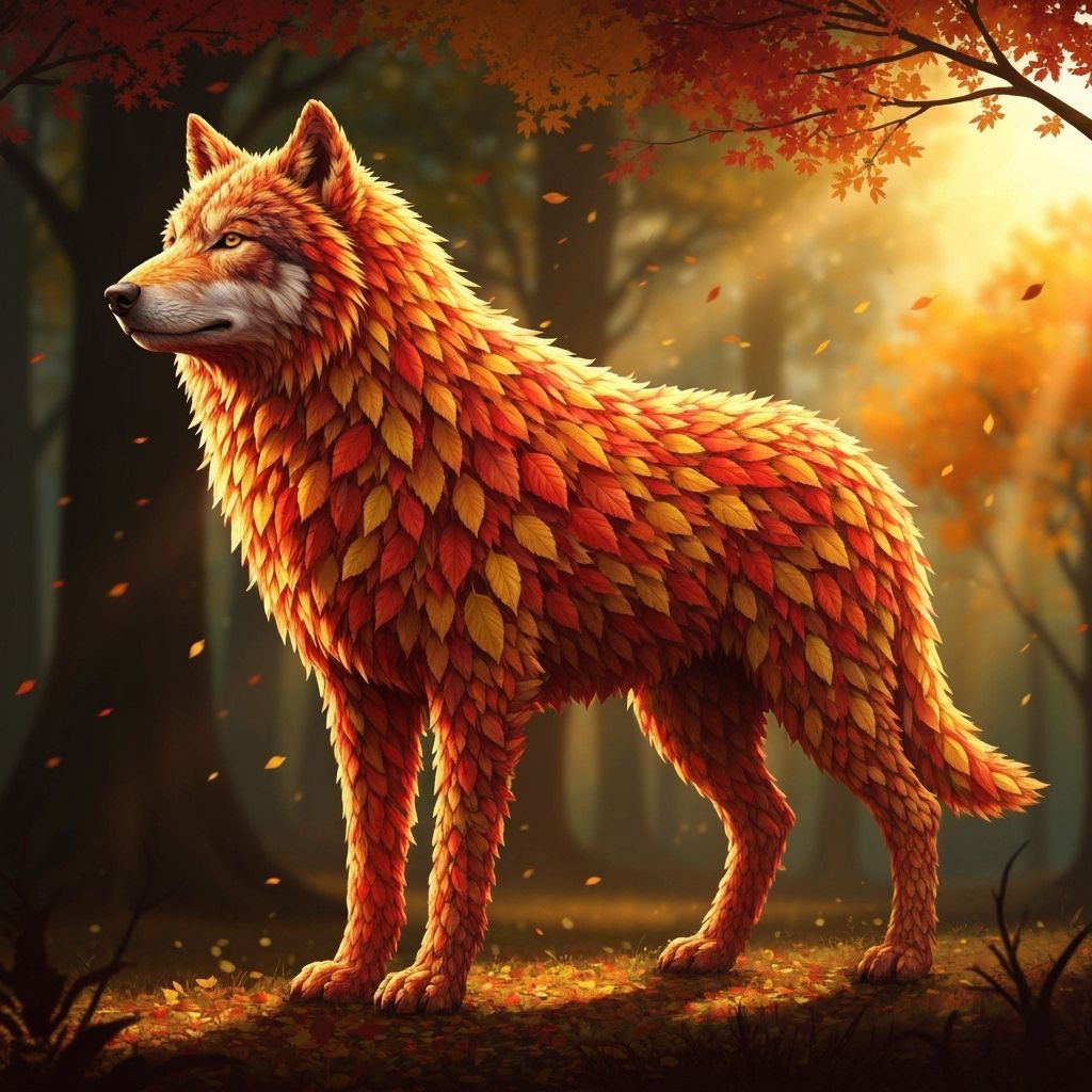 Autumn Leaf Wolf in Sunlit Forest Digital Painting