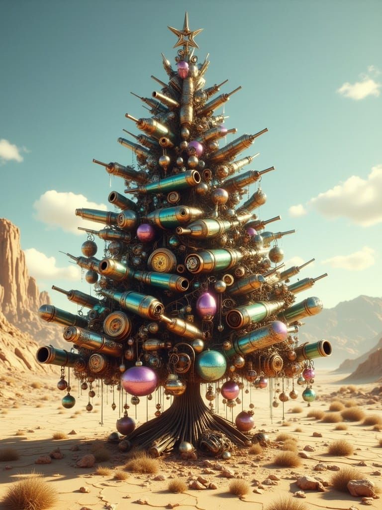 Mechanical Steampunk Christmas Tree in the Desert