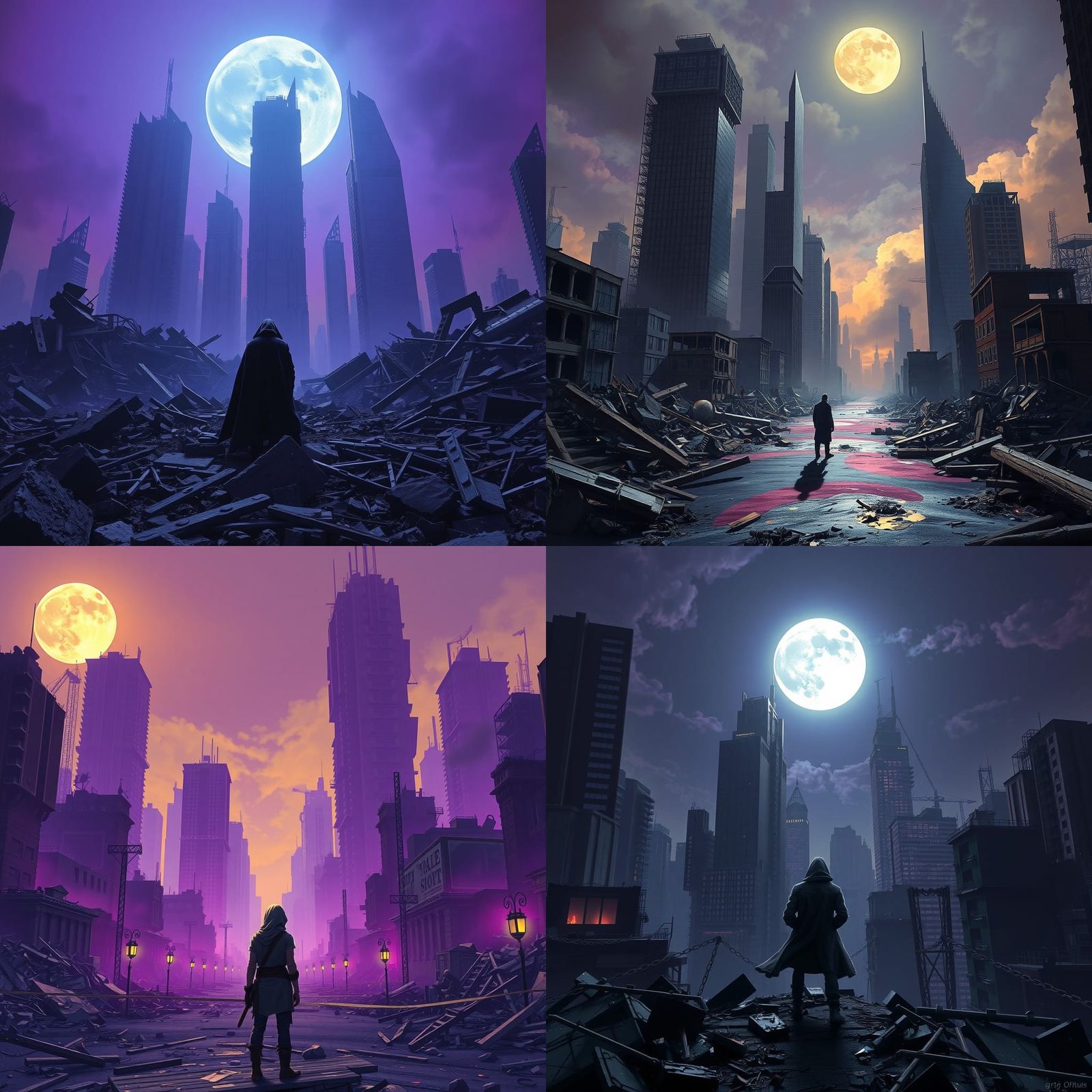 Dark Fantasy Moon Over Ruined Cityscape