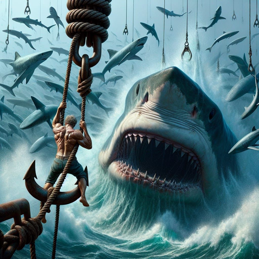 Tiny Man Suspended Above Shark Infested Sea