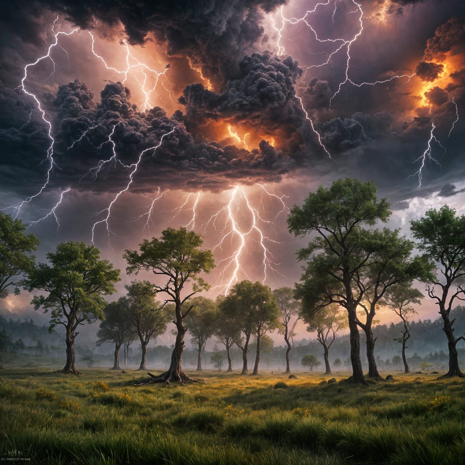 Lightning Strikes Trees in a Green Meadow
