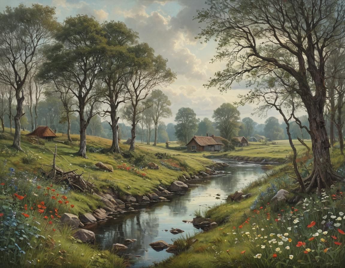 Enchanting Landscape in Folk Art Style