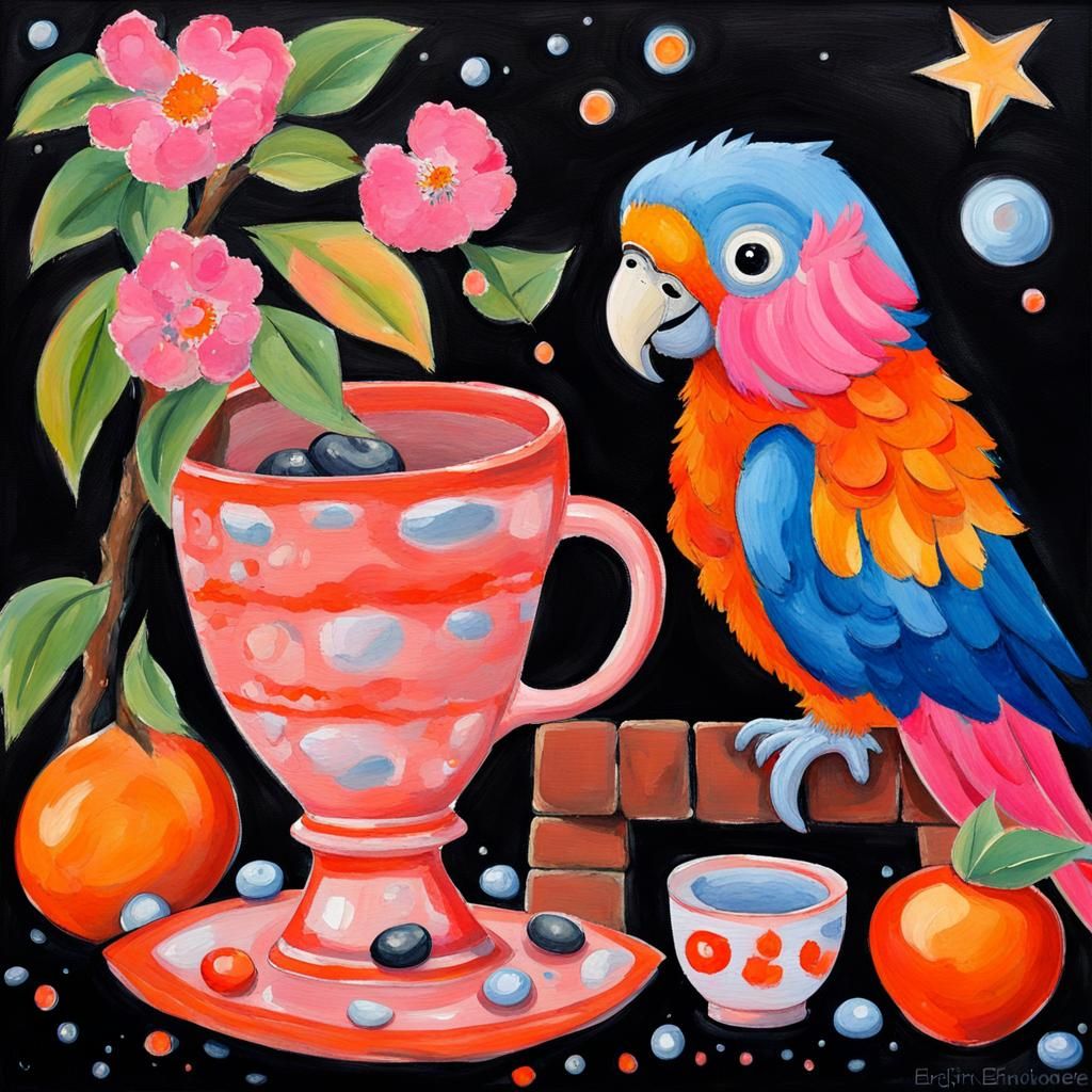 Parrot Surrounded by Tea Set, in Gouache Style