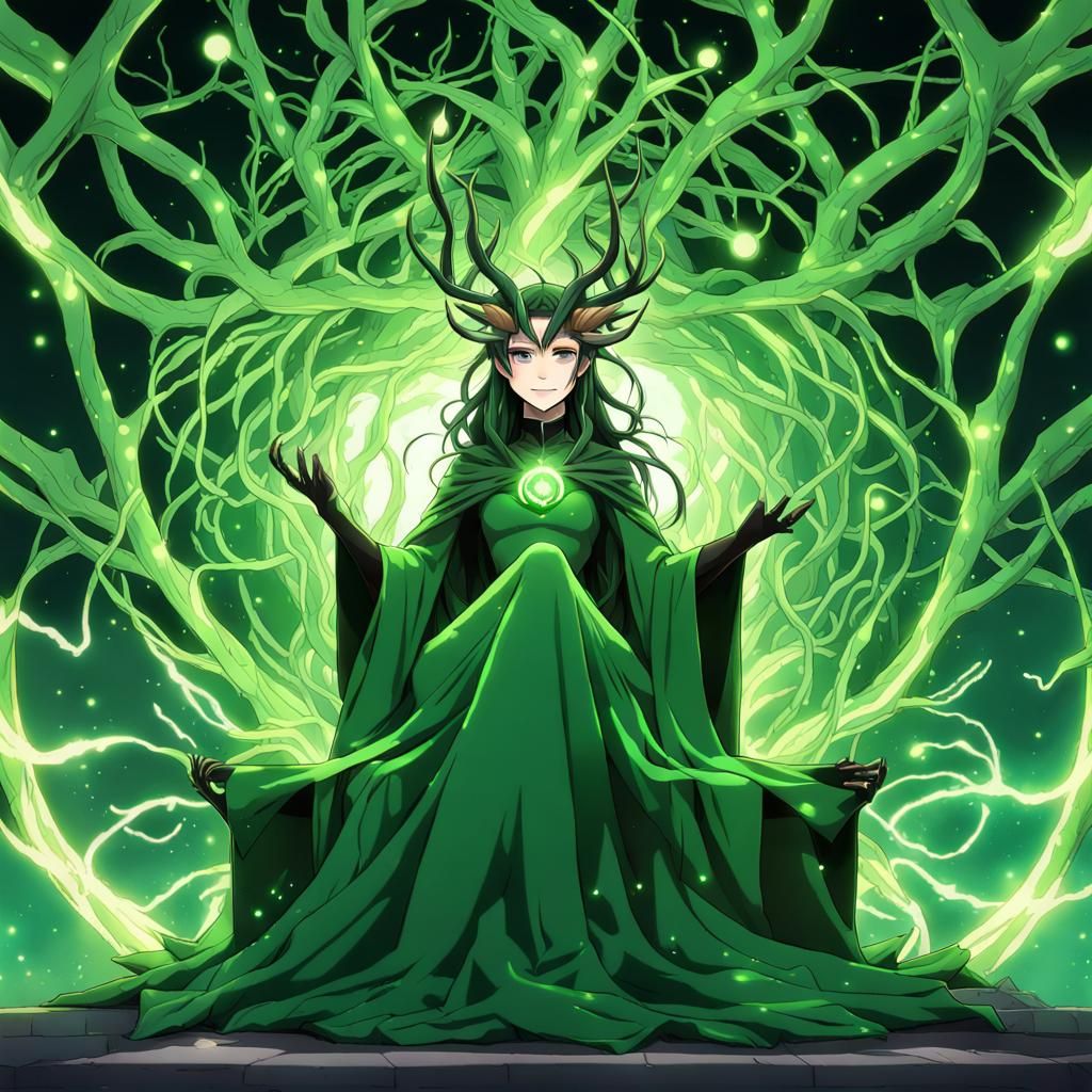 Loki Girl on Yggdrasil Throne in Anime Style