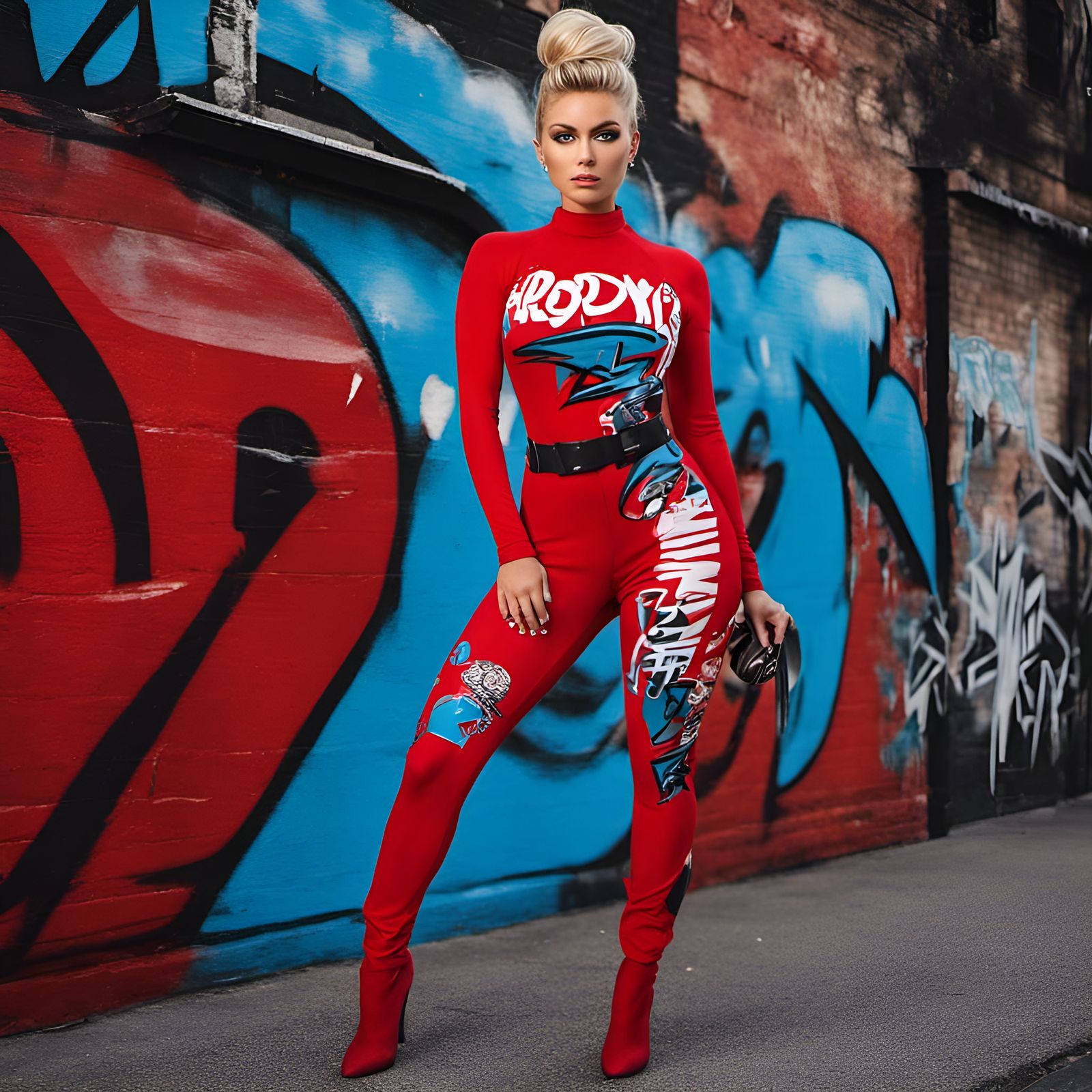Blonde Woman in Red Bodysuit with Graffiti