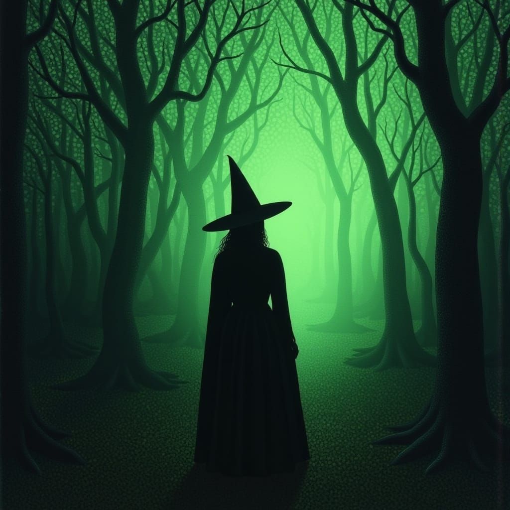Witch in Eerie Forest: A Pointillism Oil Painting