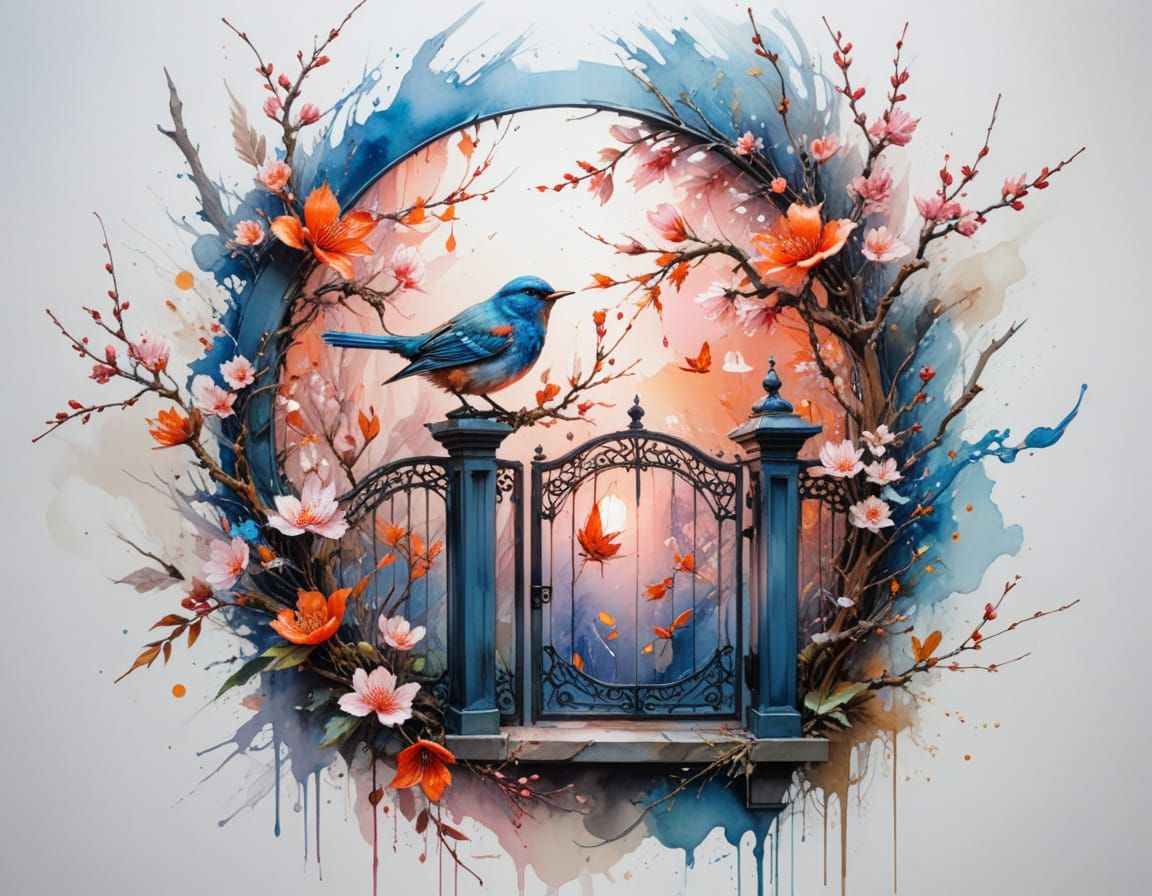 Moonlit Courtyard with Glowing Lanterns and Blue Bird