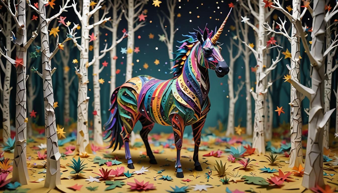 Vibrant Paper Zebracorn Sculpture in Paper Forest
