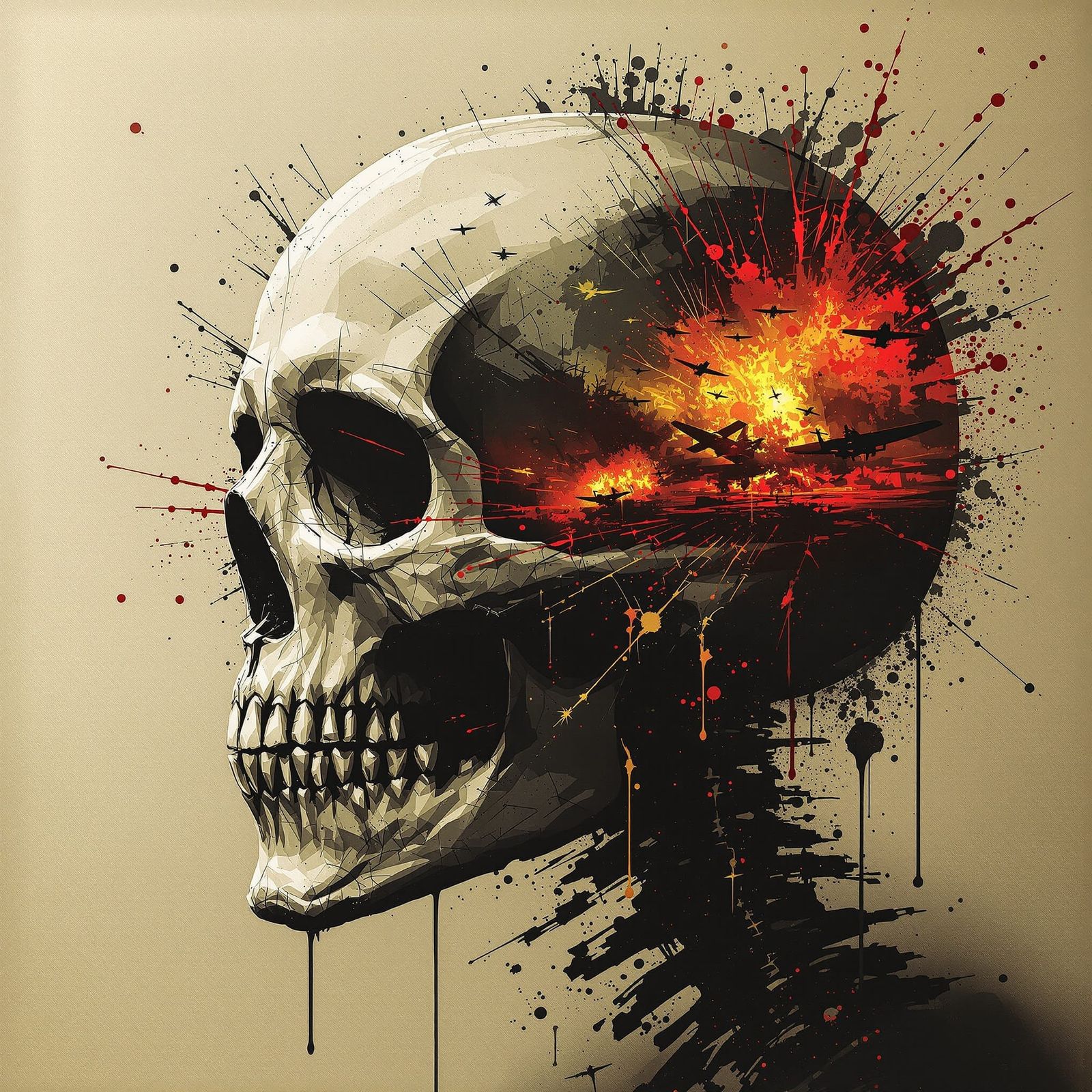 Skull with WWII Battle in Irradiated Digital Art